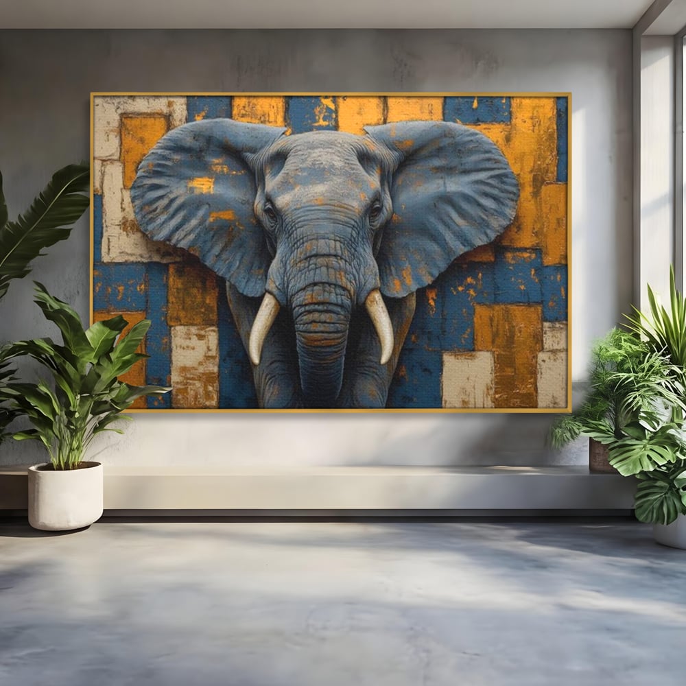 Tablou canvas cu tablou canvas cu cap de elefant, in rama de aluminiu auriu